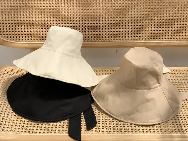 2021 New Summer Autumn Large Brim Fisherman Hat Women Cotton Linen Round Dome Bandage Bow Big Foldable Sun Hats Fishermen Hat