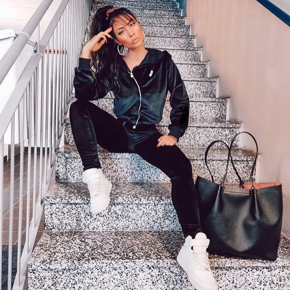 Shascullfites Chenille Black Casual Pants Sport Fashion Elastic Cotton Pants Elegant Gothic Women's Trousers Comfy Clothes