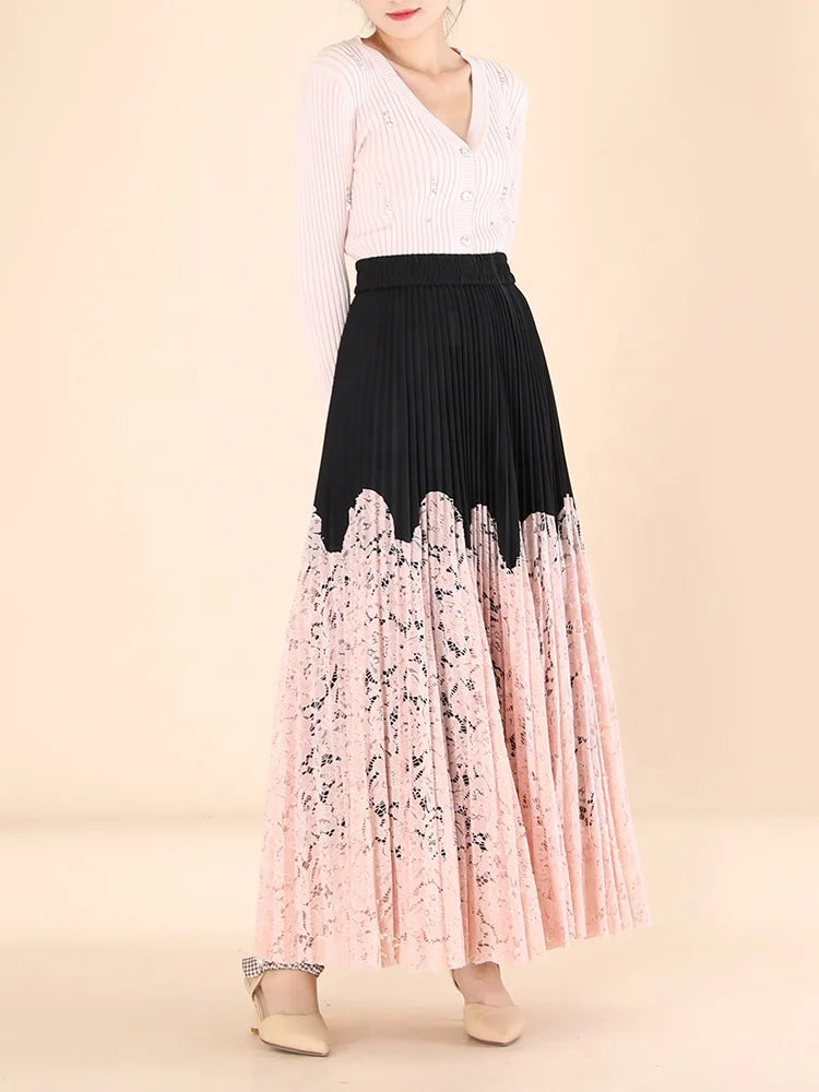 OUDINA French Loose Patchwork Lace Casual Long Midi Skirts A-line Pleated Ladies Skirt Women