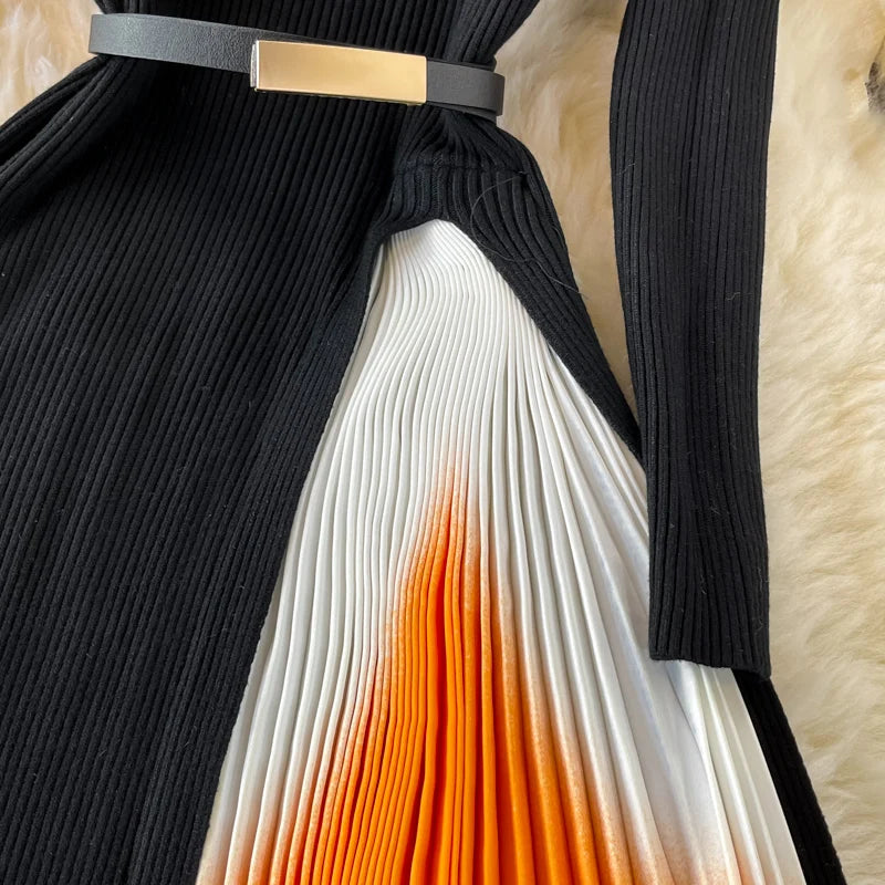 Autumn Winter Women Gradient Color Patchwork Pleated Sweater Dress Elegant Long Sleeve Midi Knitted Party Vestidos With Belt