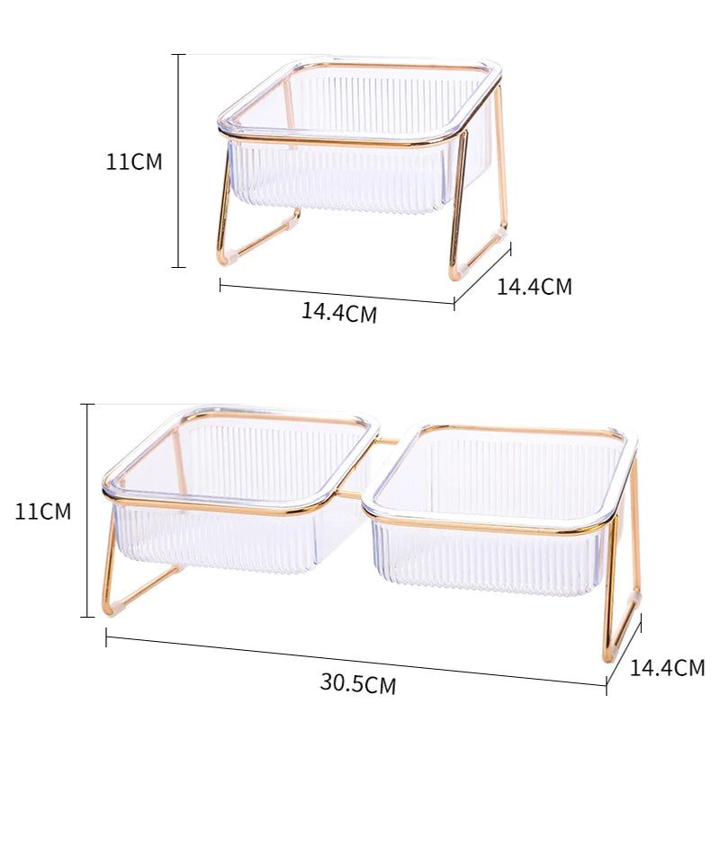 Pet Double Bowl Transparent High Foot Cat Bowl Drink water Cat Food With Golden Stand Raised Water Feeder Dog Bowl Supplies