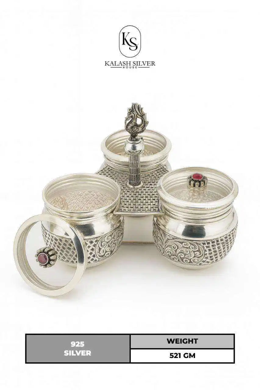 Handcrafted Pure Silver Kumkum Haldi Chawal Three Bowl Set with Peacock Handle Traditional Pooja Essential for Home Temple