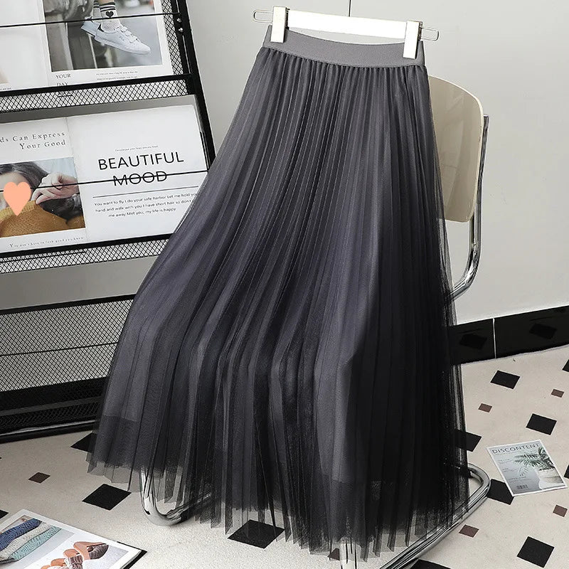 Women Lady Pleated With Lining Long Skirt Dress New Fashion Loose Elastic Waist Gradient Color Street Wear Casual Skirt