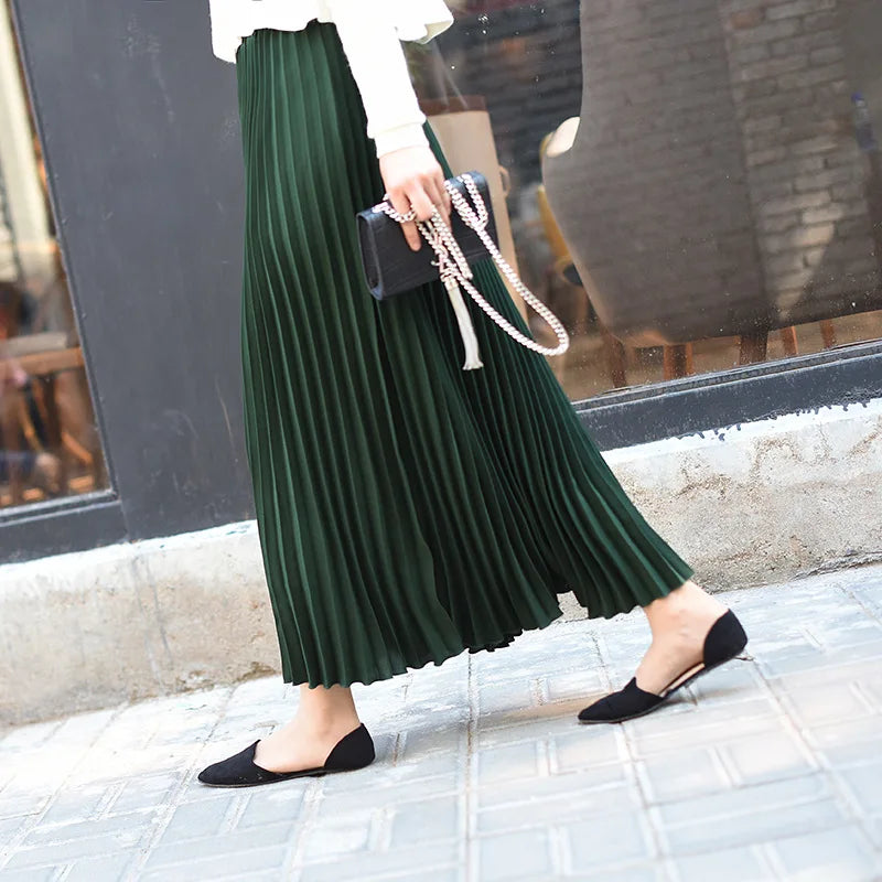 High Quality Women Lady Pleated With Lining Long Skirt Dress New Arrival Elastic Waist Summer Spring Sraight Maxi Skirt