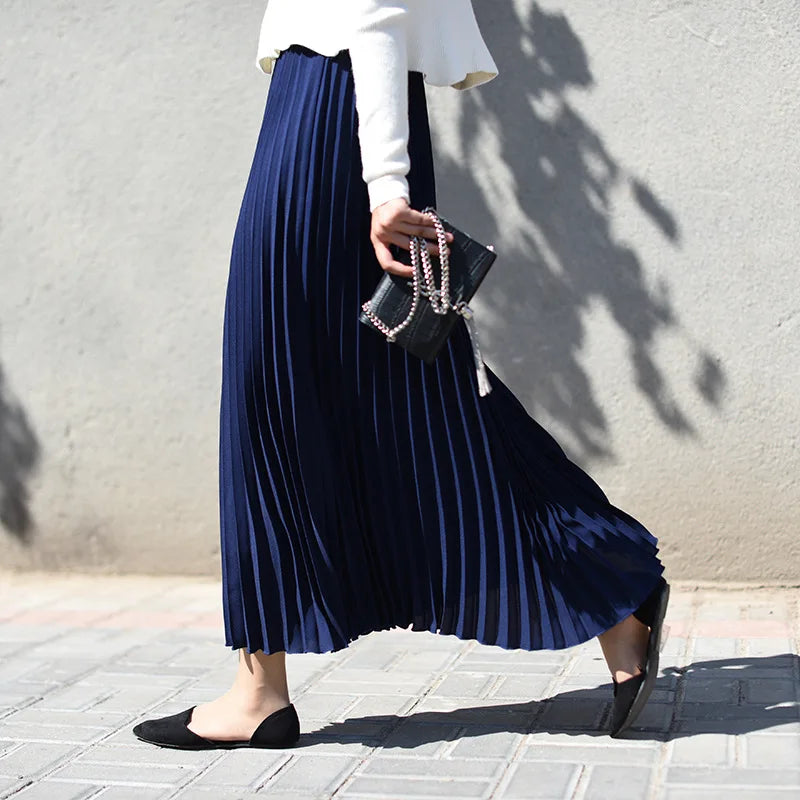 High Quality Women Lady Pleated With Lining Long Skirt Dress New Arrival Elastic Waist Summer Spring Sraight Maxi Skirt