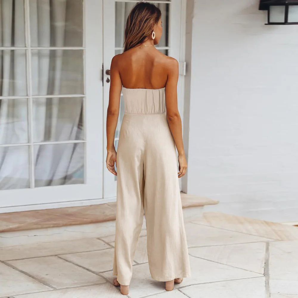 New Style Women's Summer Casual Solid Color  Sleeveless Jumpsuit Strapless Top Wide Leg Long Pants Set