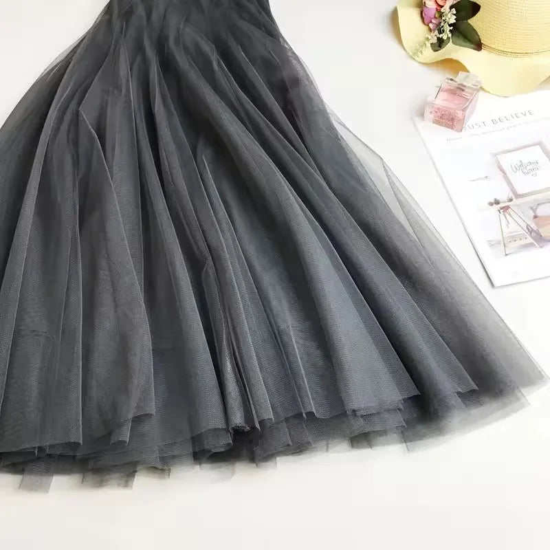 Summer Mesh Women Pleated Skirt Solid High Waist a Line Tulle Skirts Chic Long Maxi   Holiday Beach Tulle Skirt