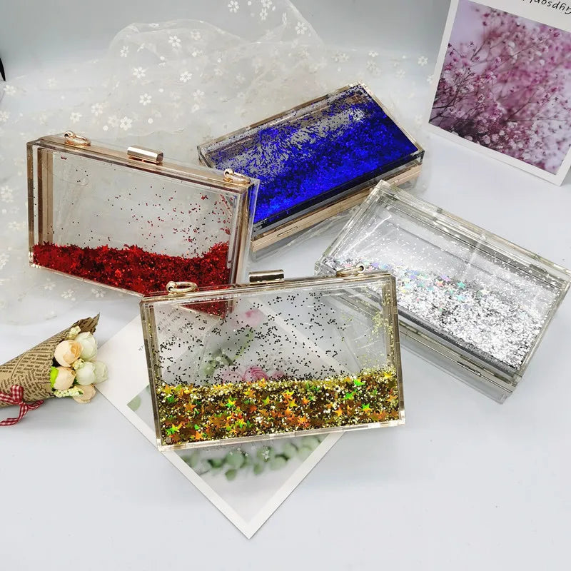 Women's Luxury Liquid Glitter Acrylic Clutch Purse Quicksand Powder Transparent Box Bags Summer Beach Handbags With Metal Chain