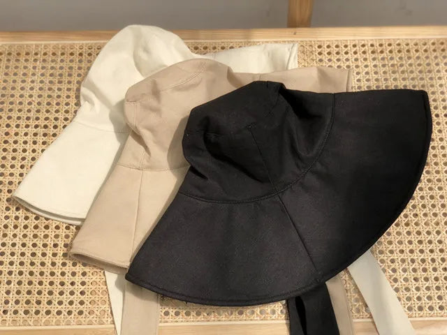 2021 New Summer Autumn Large Brim Fisherman Hat Women Cotton Linen Round Dome Bandage Bow Big Foldable Sun Hats Fishermen Hat