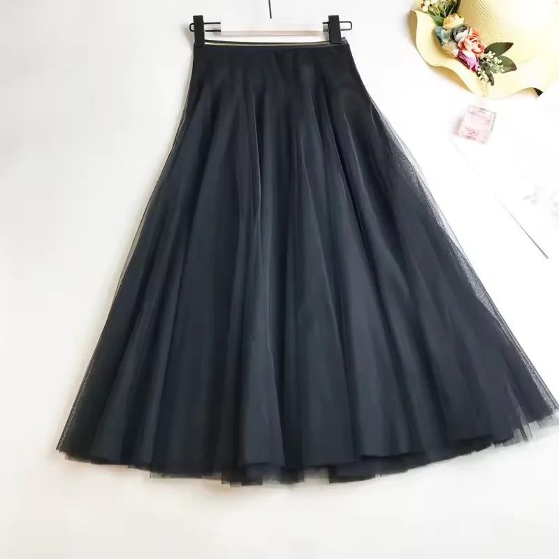 Summer Mesh Women Pleated Skirt Solid High Waist a Line Tulle Skirts Chic Long Maxi   Holiday Beach Tulle Skirt