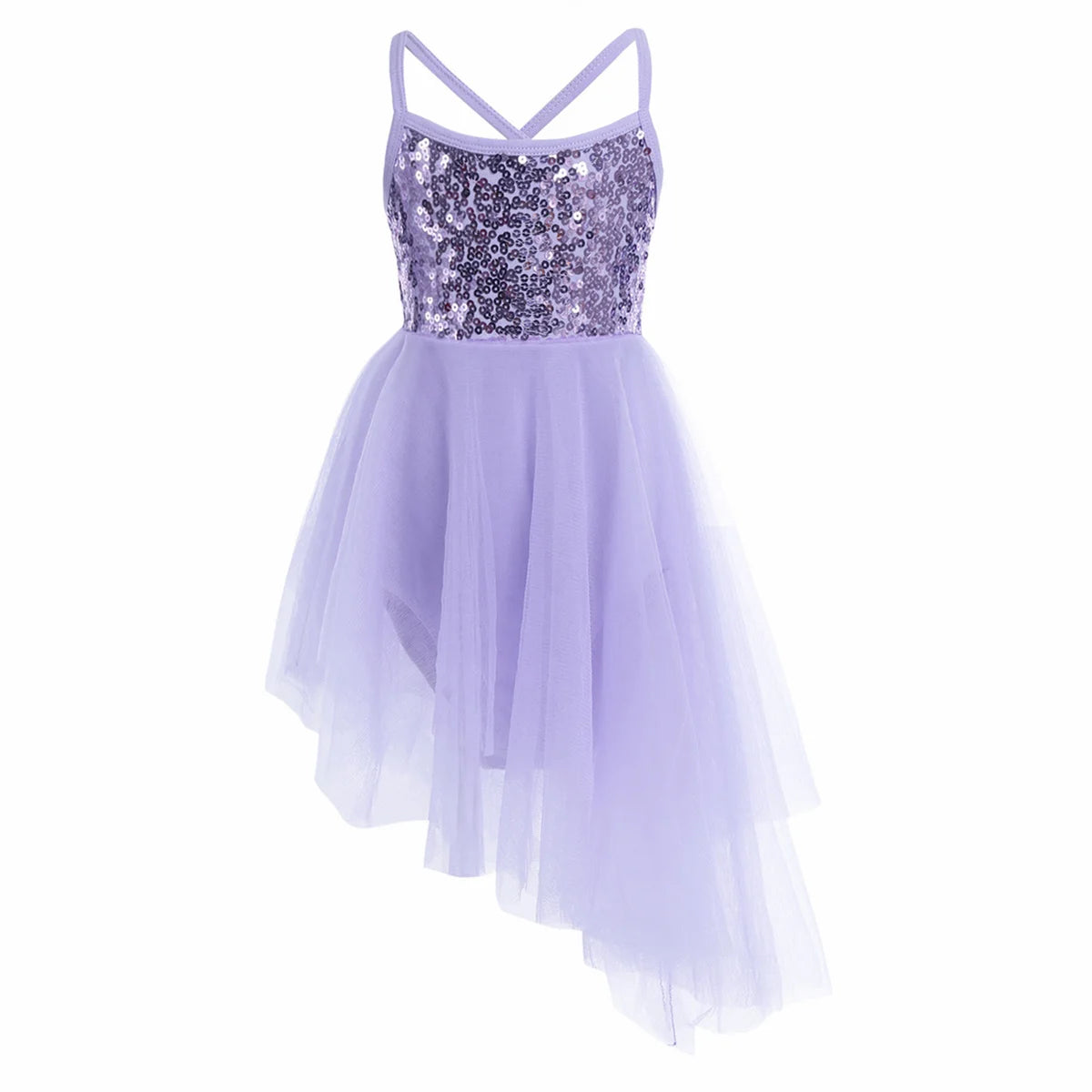 Girls Ballet Dress Lyrical Dance Gymnastics Skating Stage Performance Costume Shiny Sequin Mesh Tulle Leotard Tutu Dancewear