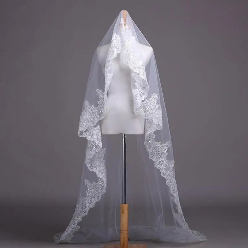 Real Photos White/Ivory Cathedral Wedding Veil 3M One Layer Lace Beads Mantilla Bridal Veils Wedding Accessories Veu De Noiva