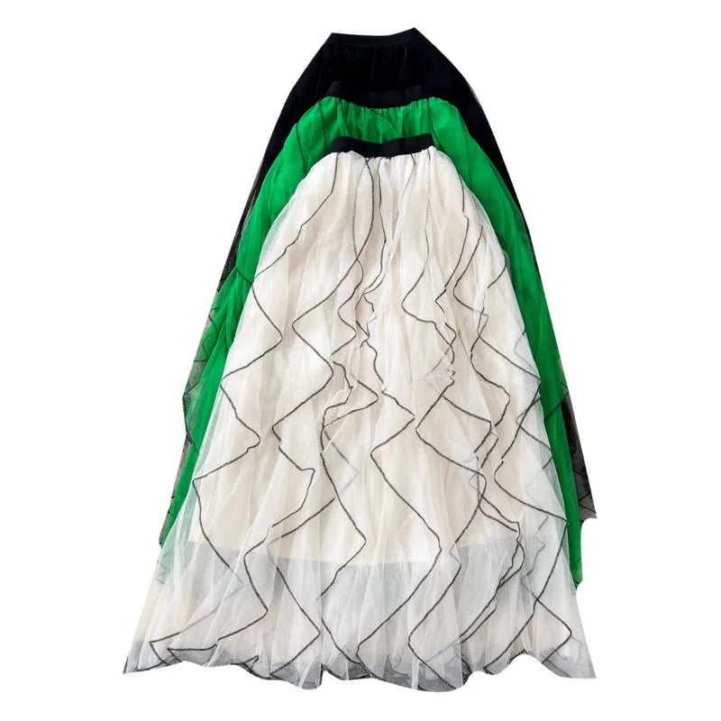 Boutique Wholesale 2026 Autumn French Mesh Elastic Waist Slimming A-line Large Swing Women's Skirt