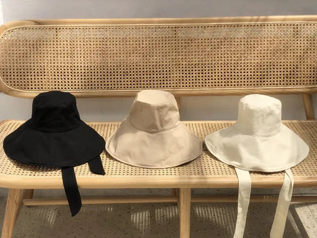 2021 New Summer Autumn Large Brim Fisherman Hat Women Cotton Linen Round Dome Bandage Bow Big Foldable Sun Hats Fishermen Hat