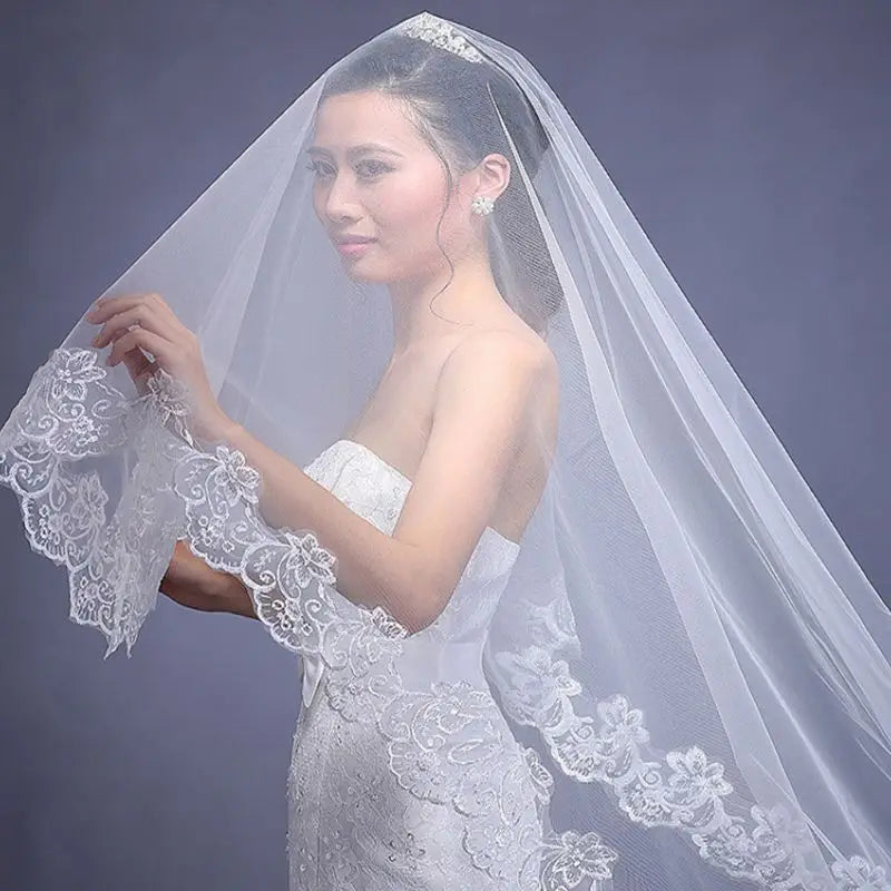 Women Pure White Wedding Veil 3M Long Embroidered Floral Lace Scalloped Edge Bridal Cathedral 1 Layer Party Accessories no Comb