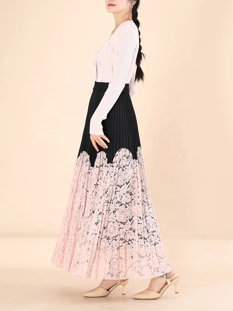 OUDINA French Loose Patchwork Lace Casual Long Midi Skirts A-line Pleated Ladies Skirt Women
