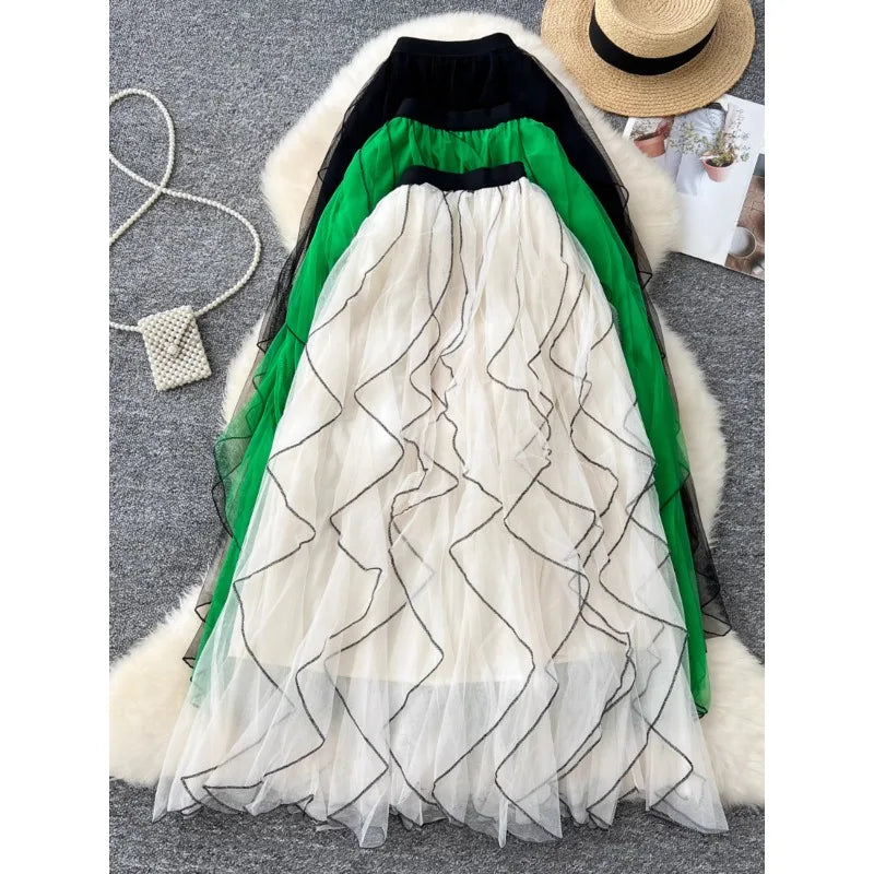 Boutique Wholesale 2026 Autumn French Mesh Elastic Waist Slimming A-line Large Swing Women's Skirt