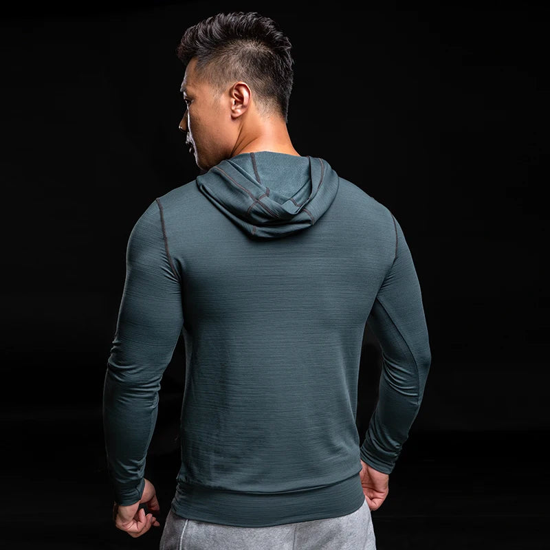 Gym Men T Shirt Long Sleeve Slim Tops Tees elastic T-shirt Sports Fitness Autumn winter comfort breathable Quick dry Hooded