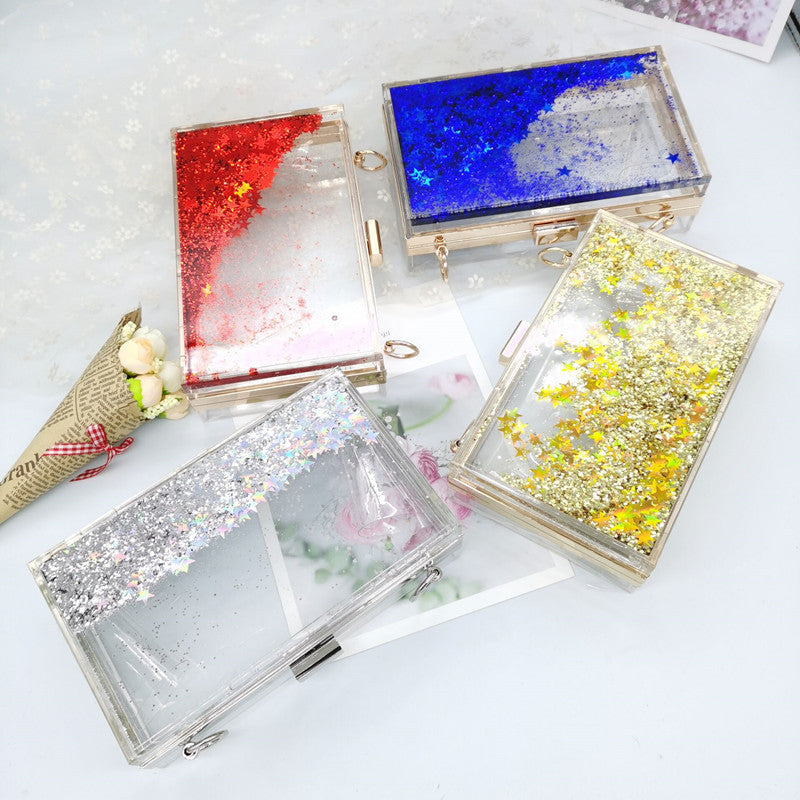 Women's Luxury Liquid Glitter Acrylic Clutch Purse Quicksand Powder Transparent Box Bags Summer Beach Handbags With Metal Chain