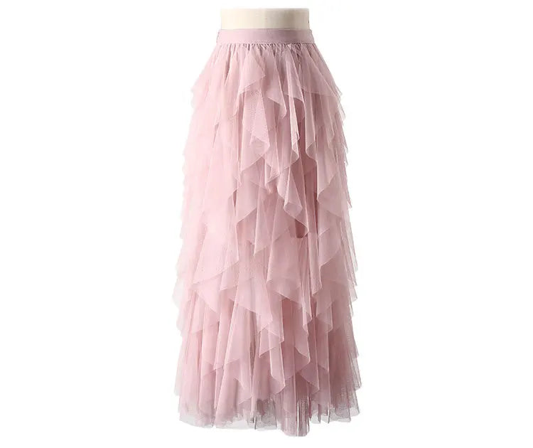Waist 60-80cm Length 86cm Women Ruffle Skirt Many Layers pink Black Pleated Long Skirt Vintage High Waisted a Line Satin Skirts