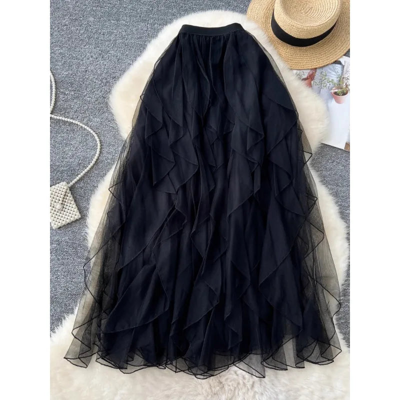 Boutique Wholesale 2026 Autumn French Mesh Elastic Waist Slimming A-line Large Swing Women's Skirt