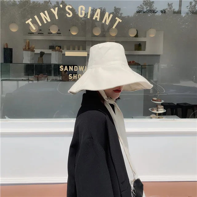 2021 New Summer Autumn Large Brim Fisherman Hat Women Cotton Linen Round Dome Bandage Bow Big Foldable Sun Hats Fishermen Hat