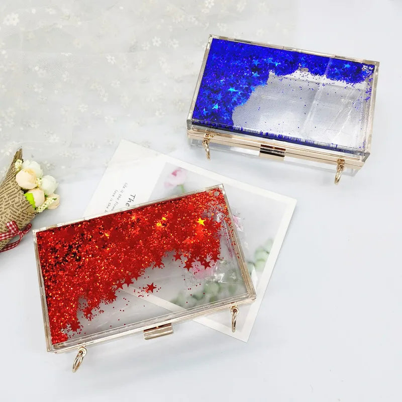Women's Luxury Liquid Glitter Acrylic Clutch Purse Quicksand Powder Transparent Box Bags Summer Beach Handbags With Metal Chain