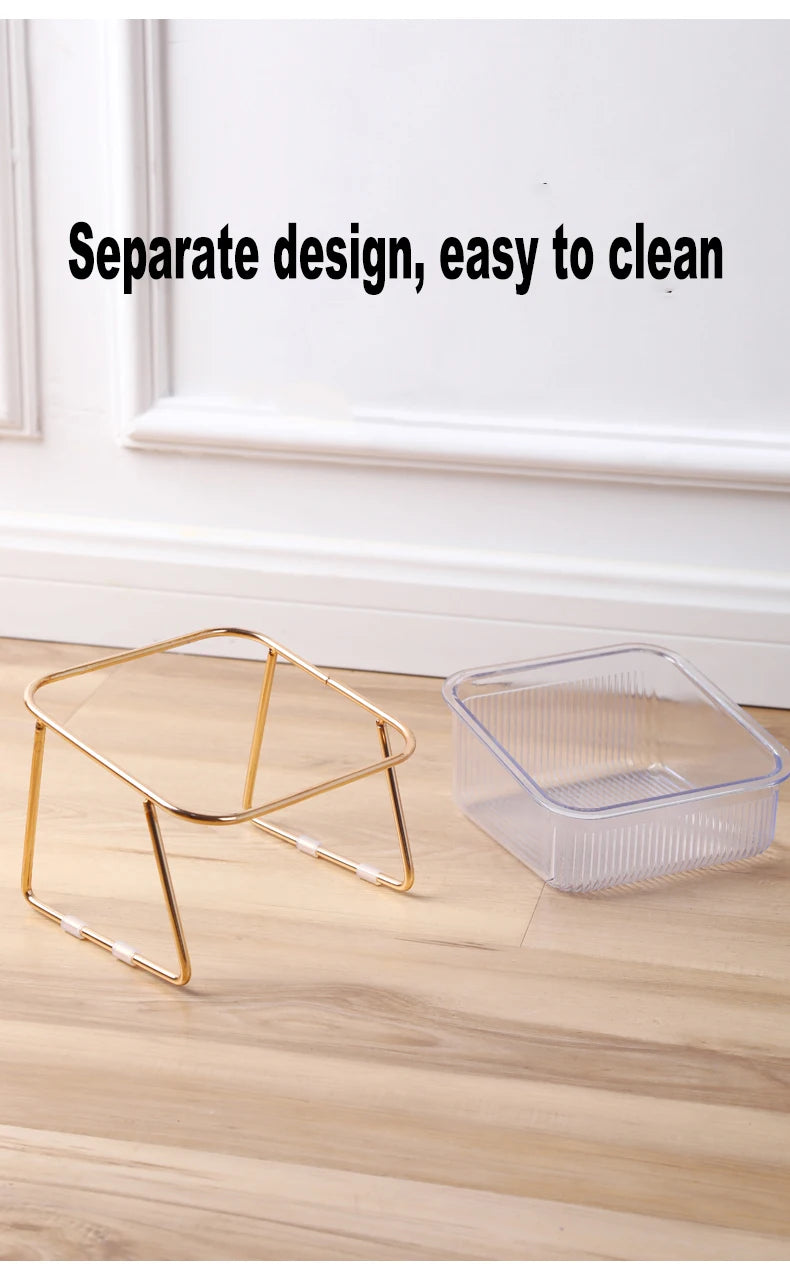 Pet Double Bowl Transparent High Foot Cat Bowl Drink water Cat Food With Golden Stand Raised Water Feeder Dog Bowl Supplies