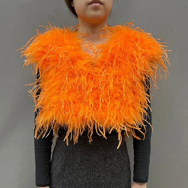New Arrival Long Luxury Bridal Wedding Ostrich Turkey Feather Top Feather Vest Bolero Onyx