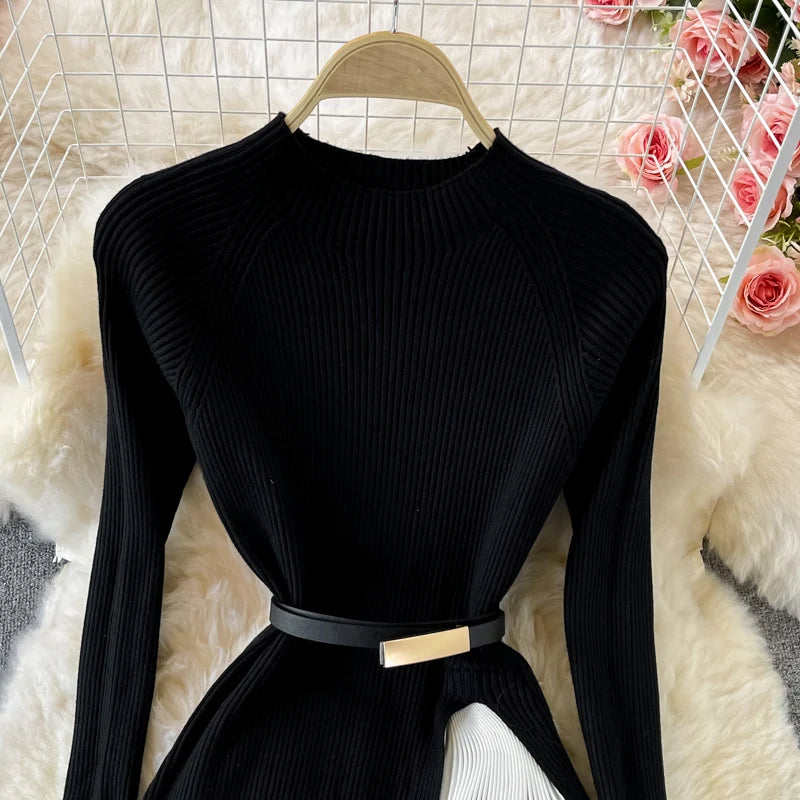 Autumn Winter Women Gradient Color Patchwork Pleated Sweater Dress Elegant Long Sleeve Midi Knitted Party Vestidos With Belt