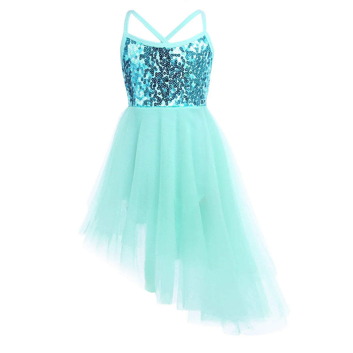 Girls Ballet Dress Lyrical Dance Gymnastics Skating Stage Performance Costume Shiny Sequin Mesh Tulle Leotard Tutu Dancewear