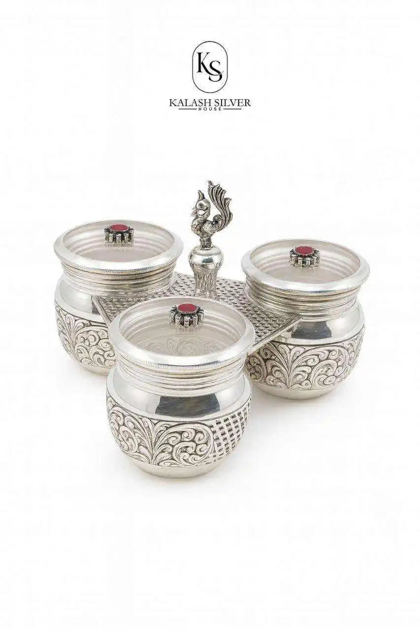 Handcrafted Pure Silver Kumkum Haldi Chawal Three Bowl Set with Peacock Handle Traditional Pooja Essential for Home Temple