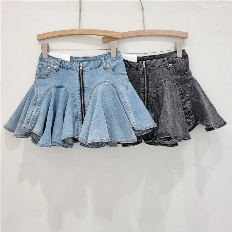 Fashion Ruffled Washed Mini Denim Skirt for Women New Design Zipper Patchwork Stretch Skirt Women'S Skirts