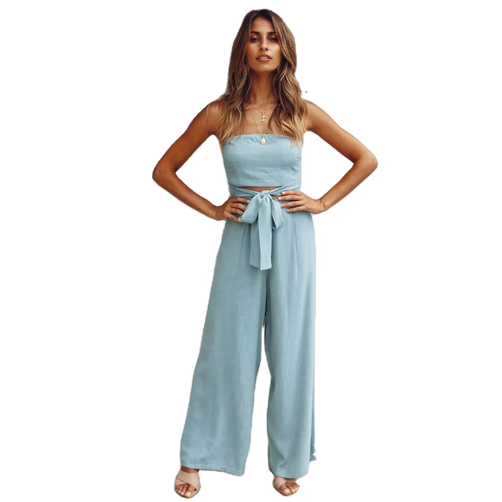 New Style Women's Summer Casual Solid Color  Sleeveless Jumpsuit Strapless Top Wide Leg Long Pants Set