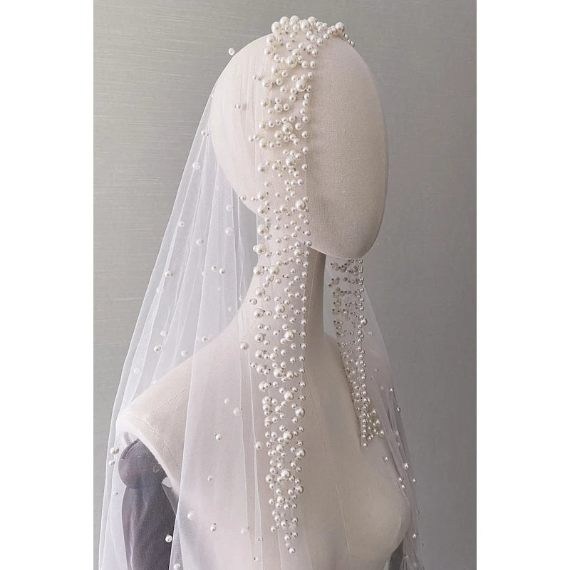 Romantic Trailing Cathedral Wedding Veil One-Layer Pearl Beading Headpiece