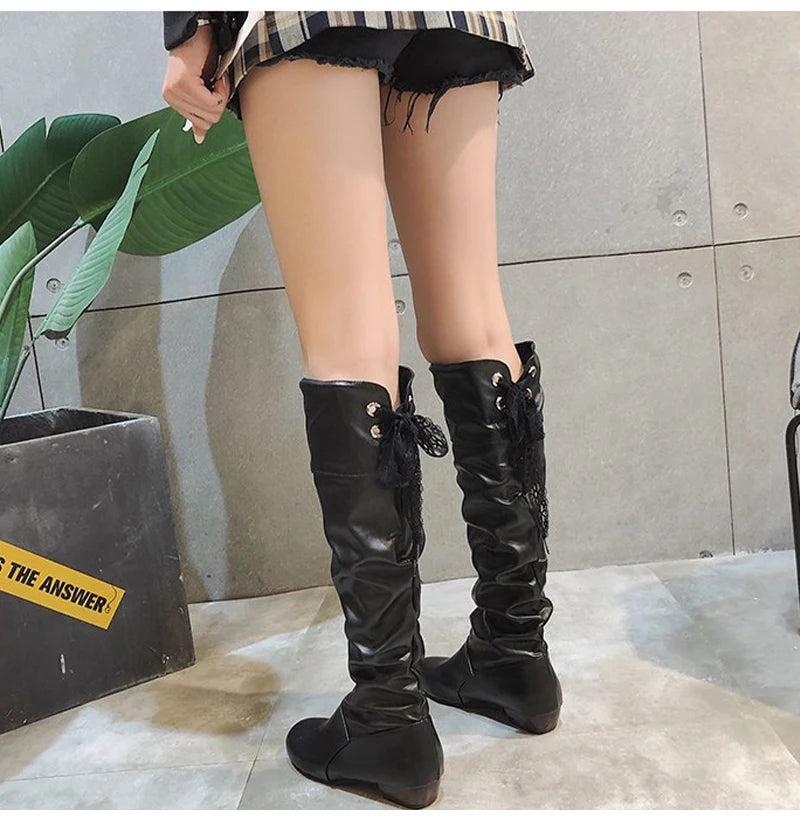 Shoes For Women 2022 Spring Knee High Boots Red Black White Tall Boots Woman Pleated Low Heel Casual Leather Female Long Shoes