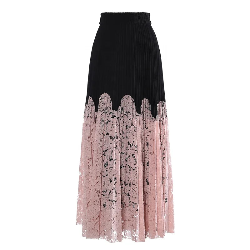 OUDINA French Loose Patchwork Lace Casual Long Midi Skirts A-line Pleated Ladies Skirt Women
