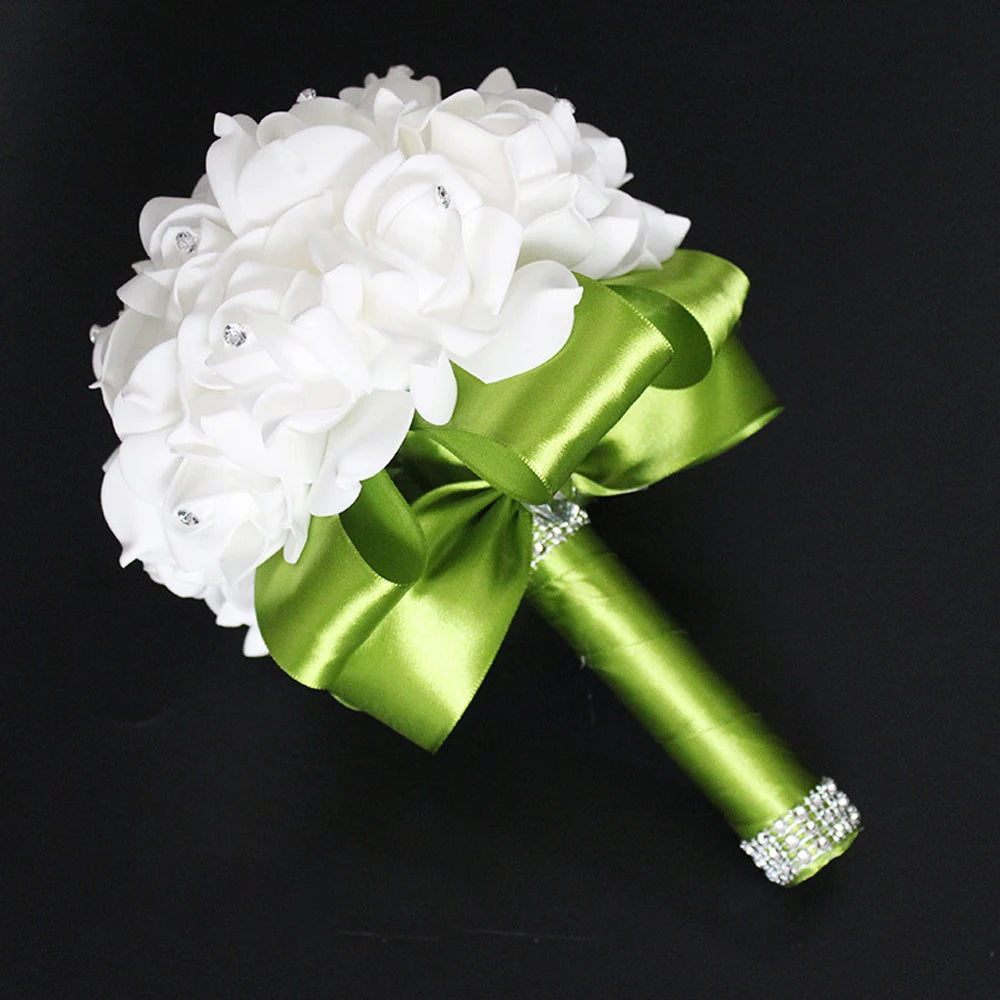 Bridal Bridesmaid Bouquet Artificial Holding Flowers Rhinestone Ribbons Wedding Party Church Home Christmas Table Bedroom Decor