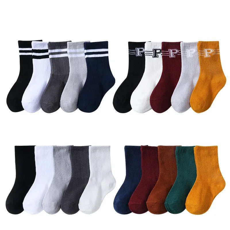 5 Pairs/Lot Autumn Winter High Elastic Simple Children Socks Korean Cotton Stripes Solid Color Alphabet Boys Girls Socks 1-12 Y