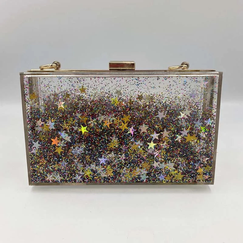 Women's Luxury Liquid Glitter Acrylic Clutch Purse Quicksand Powder Transparent Box Bags Summer Beach Handbags With Metal Chain