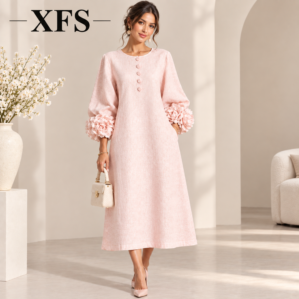 Three-dimensional Floral Dress With Puff Sleeves French-style A-line Party Wedding Dresses Women's Clothing