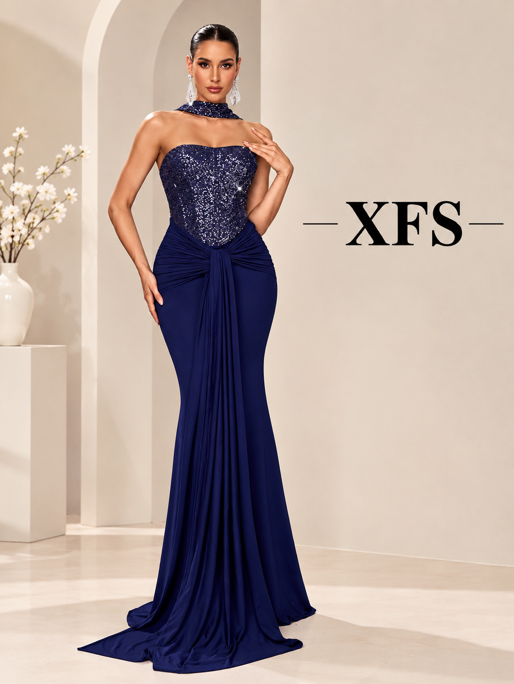 Sequin Bodice Fitted Evening Gown