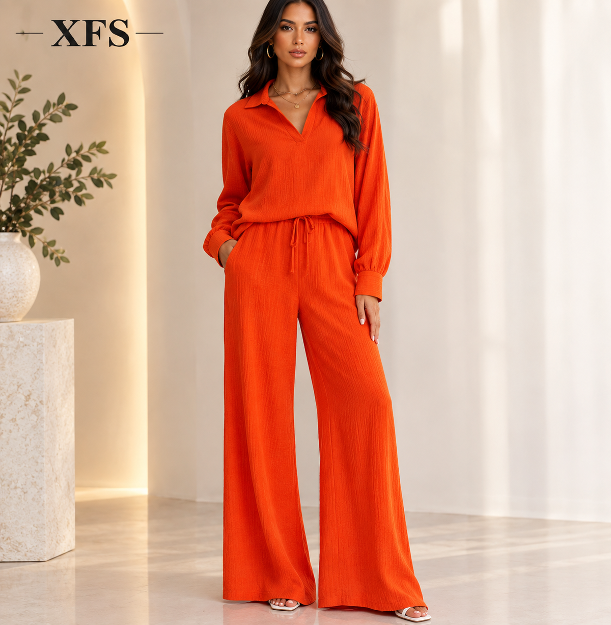 Elegant Women Casual Loose Outfit Female Long Sleeve Top Drawstring Trousers