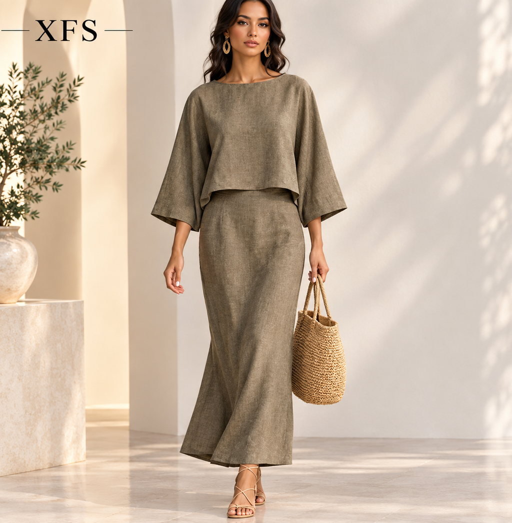 Women Linen 2 Piece Outfit, 3 4 Sleeve Crop Top High Waist Midi Long Skirt Casual Matching Set