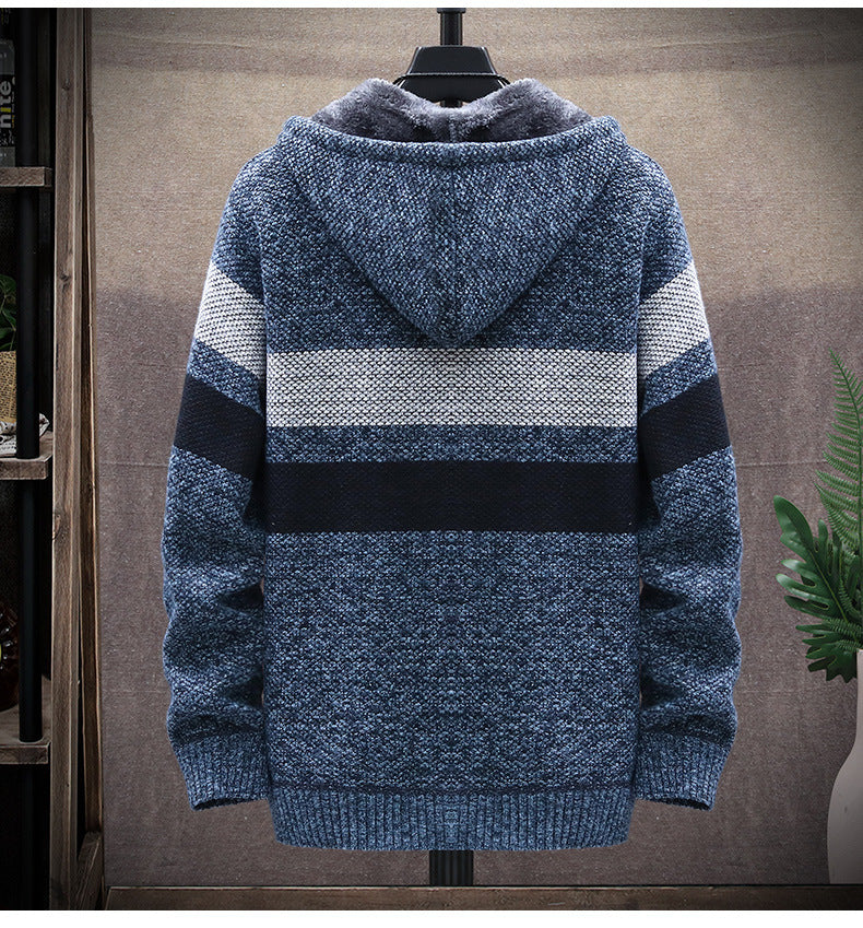 2026 Autumn and Winter New Men's Simple Knit Jacket European and American Style Solid Color Loose Fleece Hooded Cardigan Men's Fashion