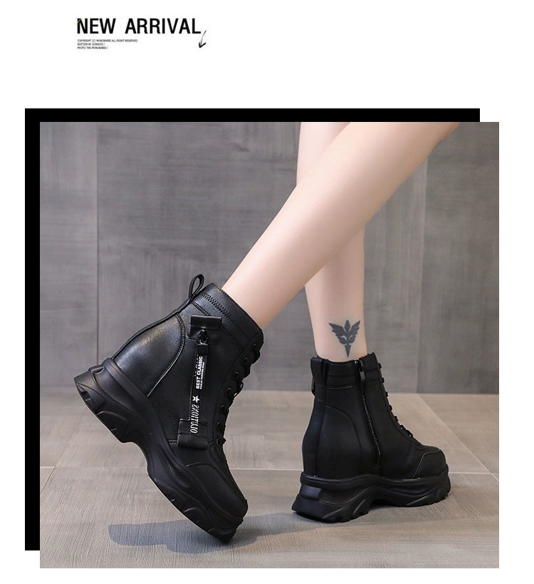 2025 Autumn High Platform Boots 8CM High Heels Women Thick Sole Ankle Shoes Leather Wedge Sneakers Keep Warm Winter Plush Boots