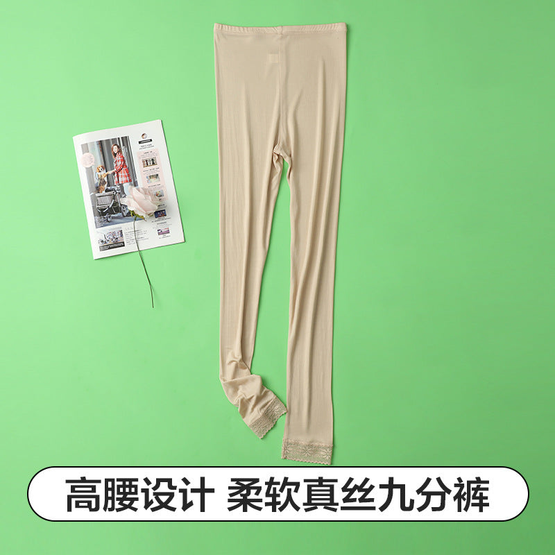 Thin Summer 100% Mulberry Silk Silk High Waist Cropped Pants Fine Knitted Leggings Breathable Skin-Friendly Soft Women's Pants