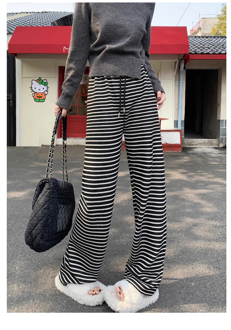 Maternity fleece-lined Black and White Striped Towel Velvet Wide Leg Pants Autumn and Winter New Loose Drawstring Sports Pants Casual Pants