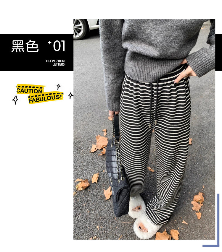 Maternity fleece-lined Black and White Striped Towel Velvet Wide Leg Pants Autumn and Winter New Loose Drawstring Sports Pants Casual Pants
