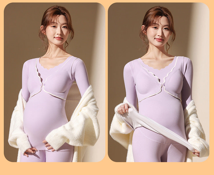 Maternity Autumn and Winter Thermal Underwear Nursing Sleepwear All-Season Warm No-Wear Underwear Postpartum Maternity Top Base Layer